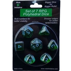 Set Of 7 Polyhedral Dice: Translucent Dark Green With Light Blue Numbers