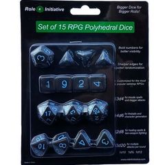 Set Of 15 Polyhedral Dice: Translucent Black (Smoke) With Light Blue Numbers