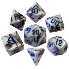 7 Count Dice Poly Set: 16Mm Marble With Blue Numbers