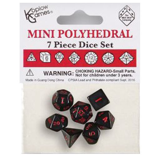 Mini Polyhedral Dice: Opaque - Black With Red Numbers (7Ct)