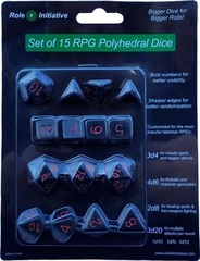 Set Of 15 Dice: Opaque Black W/ Red Numbers