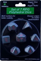 Set Of 7 Dice: Opaque Dark Gray W/ Red Numbers