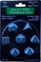 Set Of 7 Dice: Opaque Dark Gray W/Light Blue Numbr