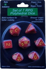 Set Of 7 Dice: Opaque Red W/ Gold Numbers