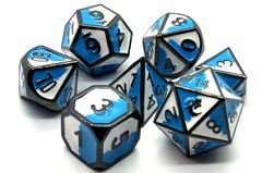 Old School RPG Dice Set: Dragon Forged - Blue & White w/ Black Nickel