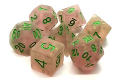 Old School 7 Piece DnD RPG Dice Set: Infused - Frosted Firefly - Pink w/ Green