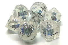 Old School 7 Piece DnD RPG Dice Set: Infused - Iridescent Blue Flower