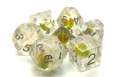 Old School 7 Piece DnD RPG Dice Set: Infused - Iridescent Green Flower