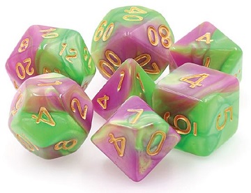 Poly 7 Dice Set: HarlequinS Vow (Green/Rose)