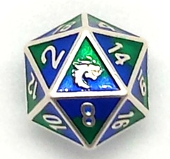 Old School DnD RPG D20 Metal Dice: Dragon Forged - Platinum Blue & Green