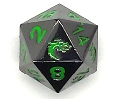 Old School DnD RPG D20 Metal Dice: Halfling Forged - Black Nickel w/ Green