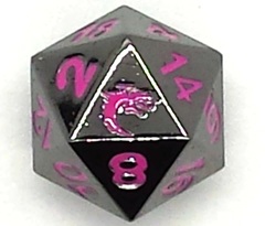 Old School DnD RPG D20 Metal Dice: Halfling Forged - Black Nickel w/ Pink