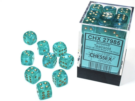 36 12mm Teal/Gold Borealis D6 Dice Set - CHX27985