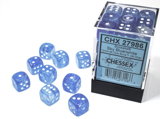 Borealis: 12mm D6 Sky Blue/White Luminary Dice block (36) -CHX27986