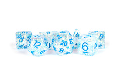 7-Die Set 16mm Resin Flash Dice: Clear / Light Blue Numbers