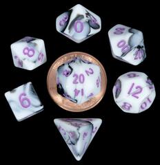 10mm Mini Poly Dice Set: Marble with Purple Numbers