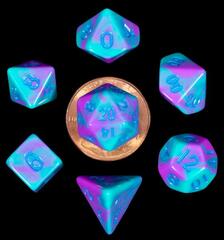 10mm Mini Poly Dice Set: Turquoise and Purple Marble with Blue Numbers