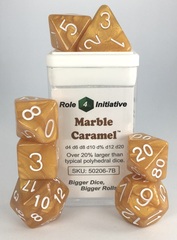 Set of 7 Dice: Marble Caramel w/ White Numbers