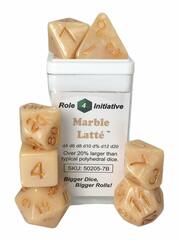 Set of 7 Dice: Marble Latte w/ Metallic Gold Numbers