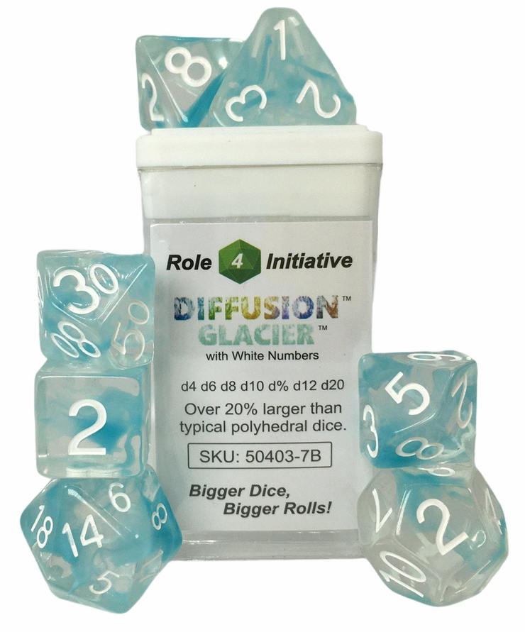 Role 4 Initiative Set of 7 Dice: Diffusion Glacier w/ White Numbers