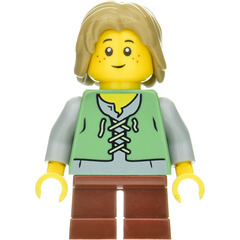 LEGO Peasant Child with Dark Tan Hair Minifigure Sand Green Vest over a Grey Undershirt,Short Reddish Brown Legs