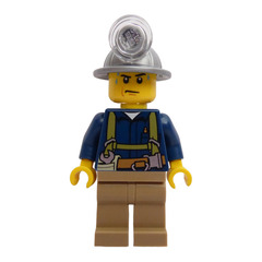 LEGO Miner with Mining Hat, Sweat Drops, Olive Green Suspenders, Tool Belt, and Dark Tan Pants Minifigure