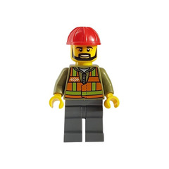 LEGO Light Orange Safety Vest, Dark Stone Gray Legs, Red Construction Helmet, Black Beard Minifigure