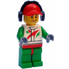 LEGO Race car mechanic in Octan suit with red cap, ear defenders Minifigure