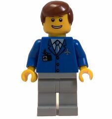 LEGO Airport Worker with Blue Jacket, White Shirt and Tie, Airplane Logo, ID Badge, Medium Stone Gray Pants, Smiling Face, and Reddish Brown Hair Minifigure