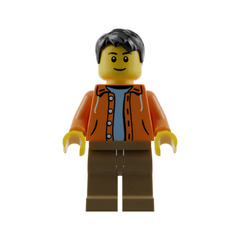 LEGO Male Orange Jacket with Hood over Light Blue Sweater, Dark Tan Legs, Black Short Tousled Hair Minifigure