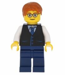 LEGO Male Wearing Glasses Dark Blue Legs, Dark Stone Grey Vest Over White Shirt and Tie Minifigure