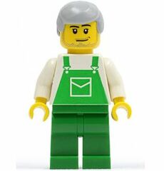 LEGO Male, Green Overalls, Green Legs, Medium Stone Gray Hair Minifigure
