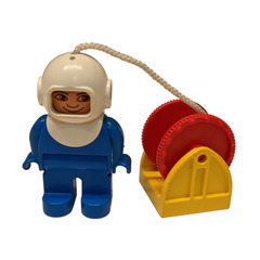LEGO Male with white helmet, Yellow Drum Reel Holder, rope and reel