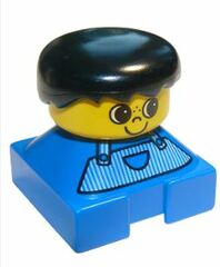 LEGO Blue 2x2 Duplo Base Brick Figure - Striped Overalls, yellow head, Black Hair Duplo Figure