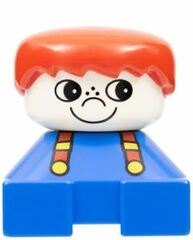 LEGO Blue 2 x 2 Duplo Base Brick Figure - Clown face and suspenders, Red Hair, white head with Red Clown nose Duplo Figure