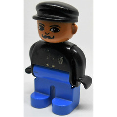 LEGO Policeman with blue legs, black top with 6 buttons and badge, moustache and black hat Duplo Figure