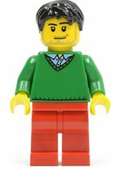 LEGO Male with Black Short Tousled Hair, Stubble Beard, Green V-Neck Sweater, and Red Legs Minifigure