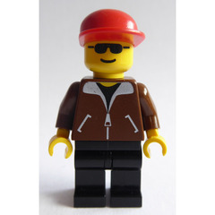 LEGO Railroad Yard Worker with Brown Coat, Black Legs, Sunglasses, and Red Cap Minifigure