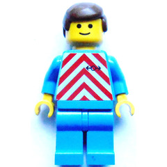 LEGO Train Worker with White and Red Safety Vest Pattern, Blue Legs, Brown Male Hair Minifigure