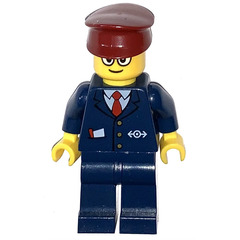 LEGO Train Conductor with Dark Blue Outfit, Dark Red Hat and Glasses Minifigure
