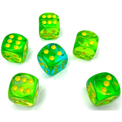 12 Gemini Translucent Green-Teal w/ Yellow 16mm D6 Dice - CHX26666