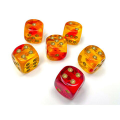 12 Gemini Translucent Red-Yellow w/ Gold 16mm D6 Dice - CHX26668