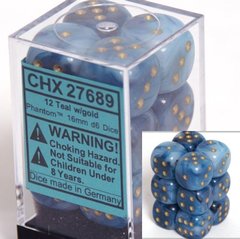 12 Teal w/gold Phantom 16mm D6 Dice Block - CHX27689