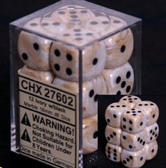 12 Ivory w/black Marble 16mm D6 Dice Block - CHX27602