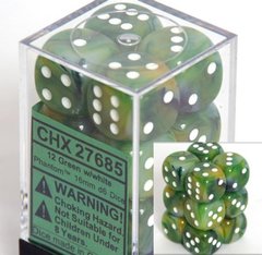 12 Green w/white Phantom 16mm D6 Dice Block - CHX27685