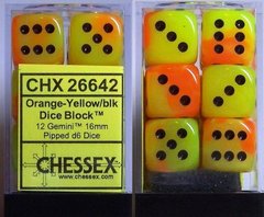 12 Orange-Yellow/blk Gemini 16mm D6 Dice Block - CHX26642