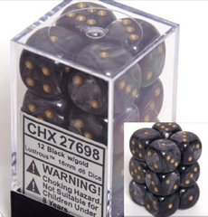 12 Black w/gold Lustrous 16mm D6 Dice Block - CHX27698