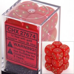 12 Red w/gold Velvet 16mm D6 Dice Block - CHX27674