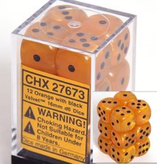 12 Orange with black Velvet 16mm D6 Dice Block - CHX27673