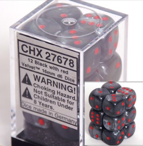 12 Black w/red Velvet 16mm D6 Dice Block - CHX27678